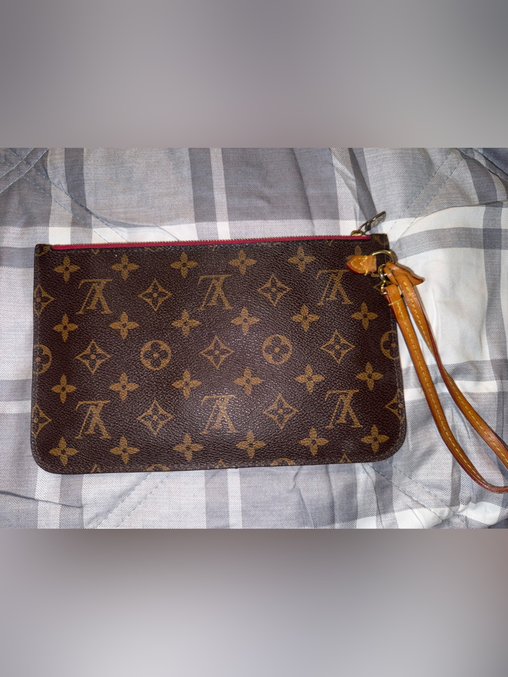 Louis Vuitton Brown Monogram Wristlet with Tan Strap and Red Trim
